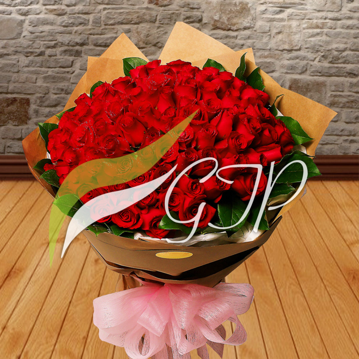 A bouquet of 100 vibrant red roses arranged in an elegant and graceful manner.
