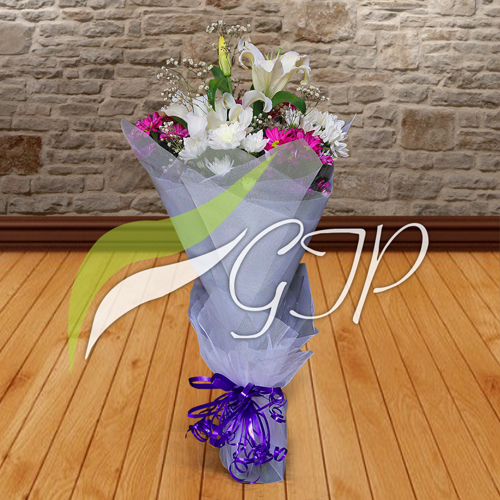 A bouquet of fresh and local flowers that includes one lily stem, one baby's breath stem, one purple chrysanthemum stem, and three white chrysanthemum stems, wrapped in a stylish paper and tied with a ribbon.
