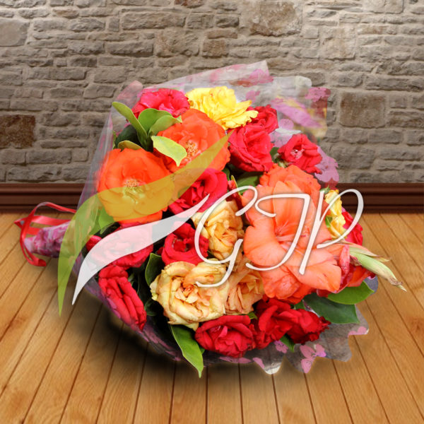 A bouquet of 24 mixed color roses wrapped in cellophane with a ribbon bow. The roses are red, yellow, pink, white, and orange.