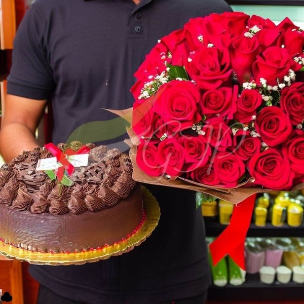 A chocolate cake and 36 red roses wrapped in sheet