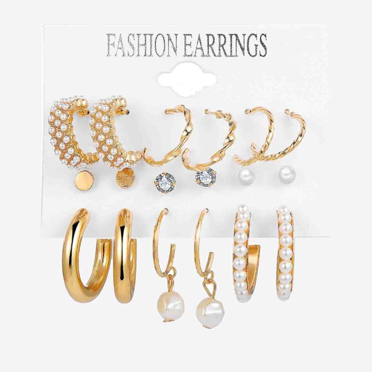 A collection of six pairs of earrings jewelry to Pakistan in different styles, including studs, hoops, drops, and dangles.