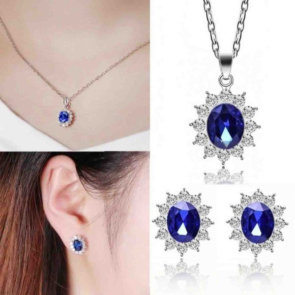 Blue Majesty Jewelry to Pakistan. A set of necklace and earrings in royal blue color with silver accents