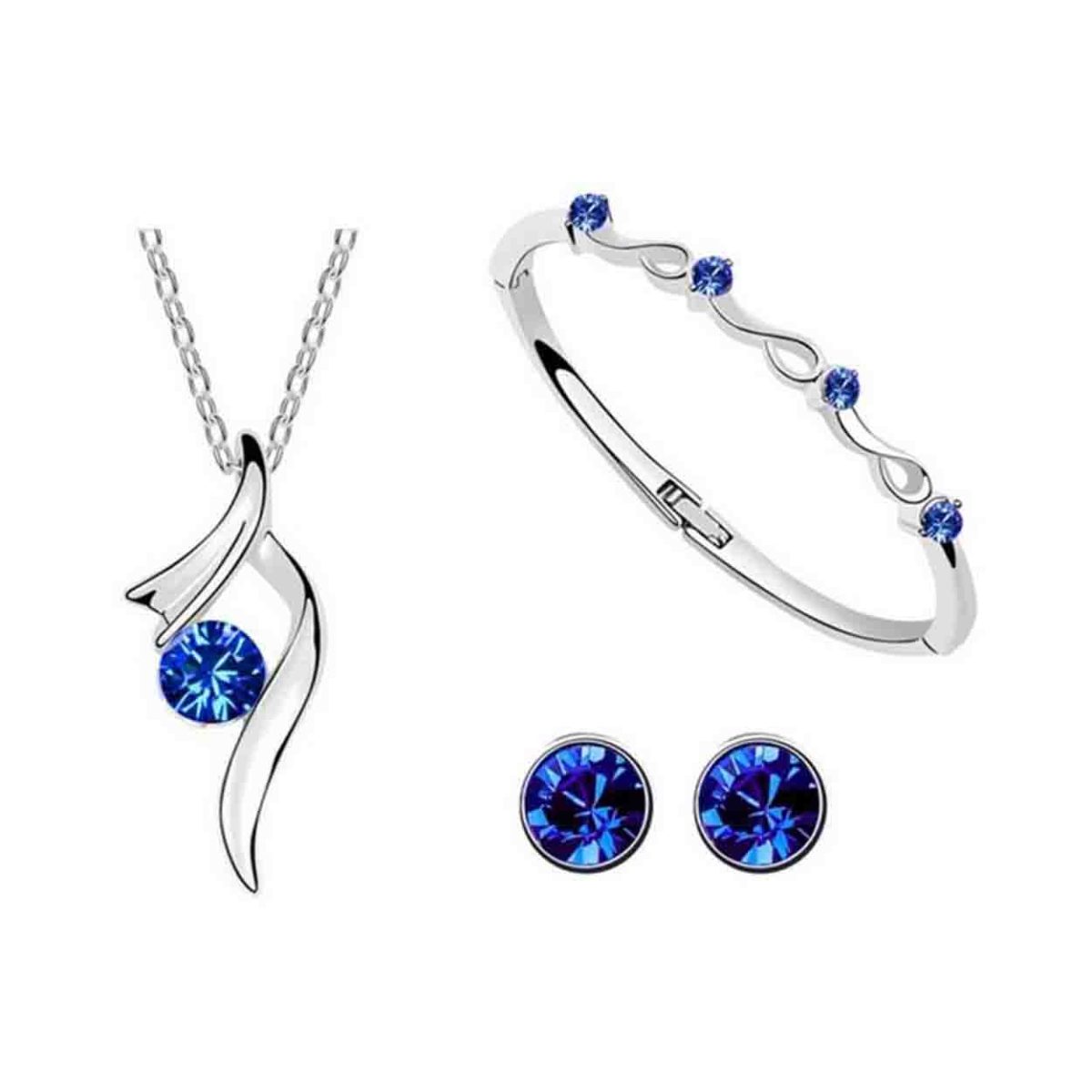 A blue glass and silver metal bracelet, earrings and necklace set in a gift box
