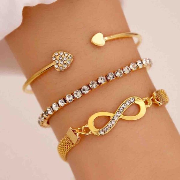 A set of three artificial bracelets in different designs and colors, named TrioFlex.
