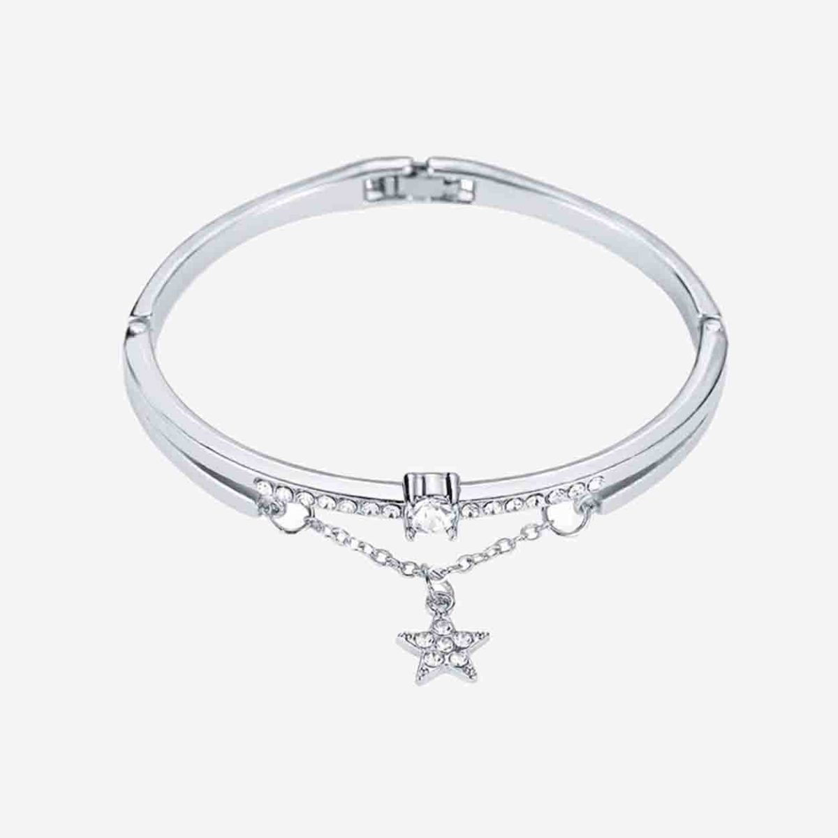 A silver bracelet with a star-shaped crystal