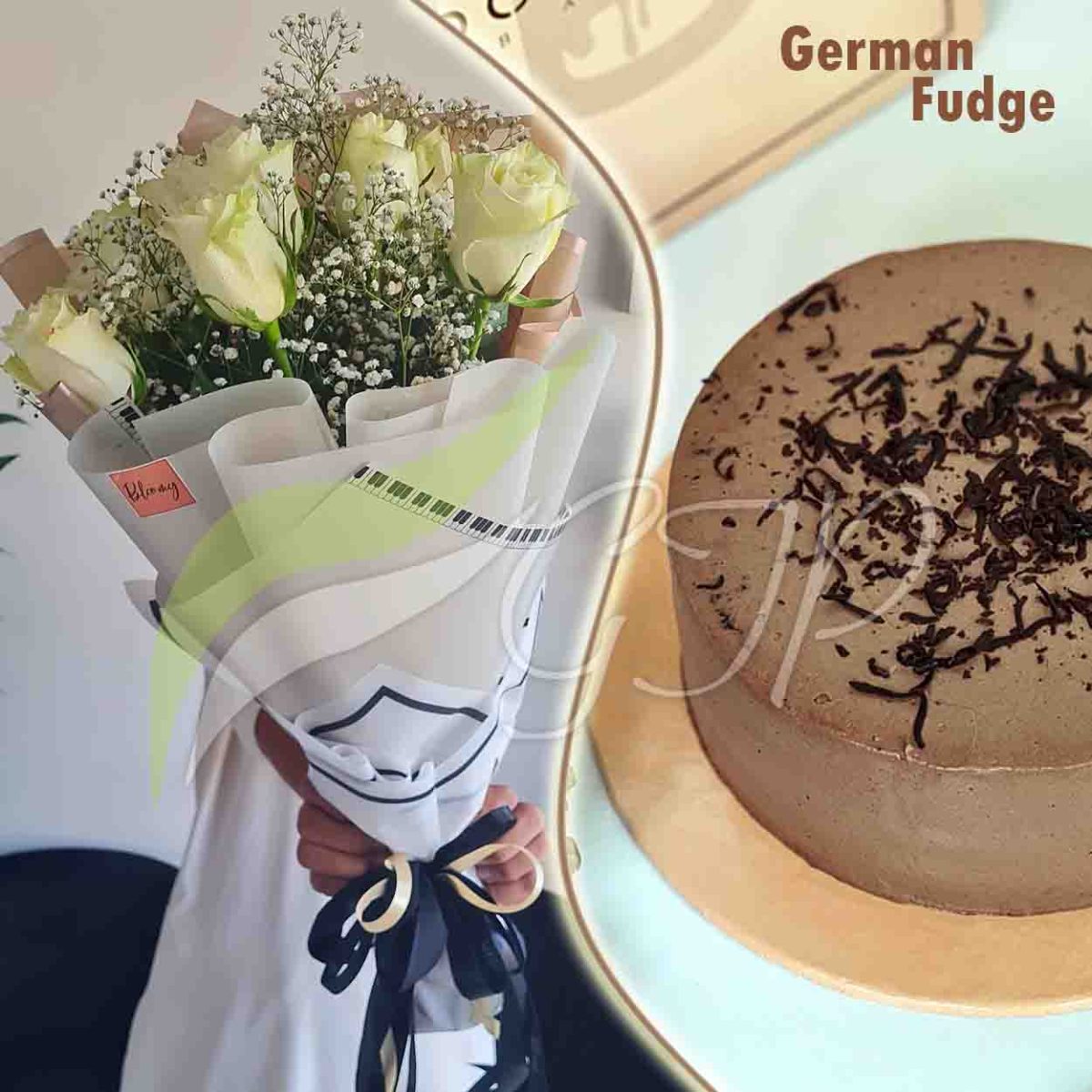 Sweet and Pure: A photo of a gift pack consisting of a bouquet of white roses and a German fudge cake