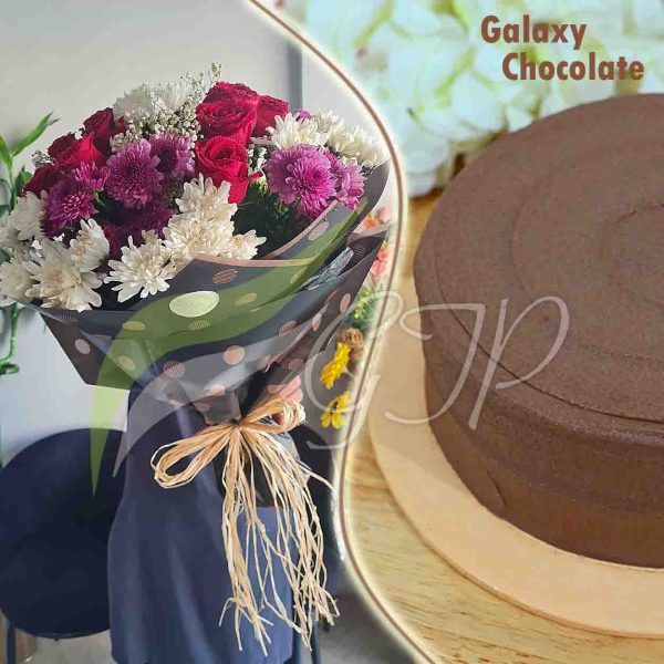 Sweet Blooms Cake : A photo of a chocolate cake and a flower bouquet