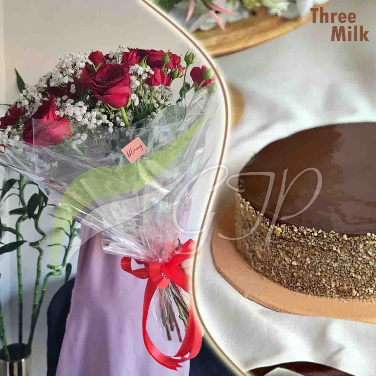 Sweet Surprise: A photo of a gift of roses and cake. The roses are red and wrapped in a transparent plastic with a red ribbon and a card. The cake is a round three milk cake