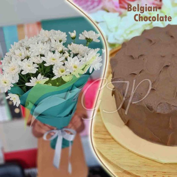 Sweetness and Freshness: A photo of a round chocolate cake with chocolate frosting and swirls on top, and a bouquet of white daisies wrapped in blue paper with a white ribbon